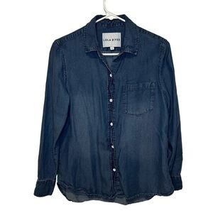 Lola River Womens Long Sleeve Button Down Shirt Blue‎ Denim Tencel Blouse Small